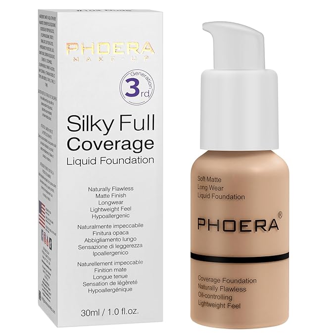 PHOERA Foundation, PHOERA Matte Liquid Foundation,PHOERA Makeup for Women, PHOERA Foundation Full Coverage Concealer, 30ml 24HR Matte Oil Control Concealer (104- Buff Beige)