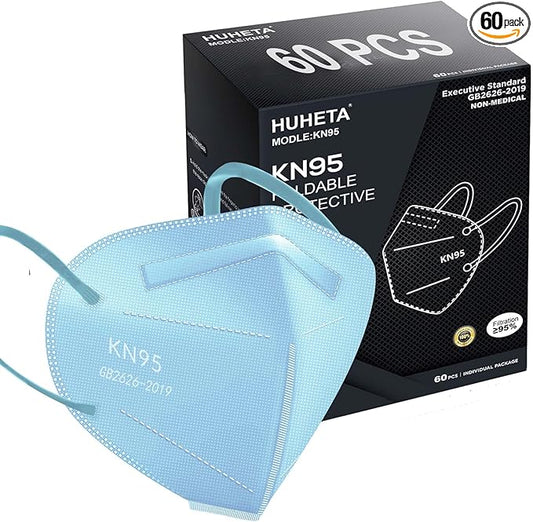 HUHETA KN95 Face Mask 60 PCs, 5-Ply Safety Masks for Men & Women, Filter Efficiency Over 95% Individually Wrapped (Blue Mask)