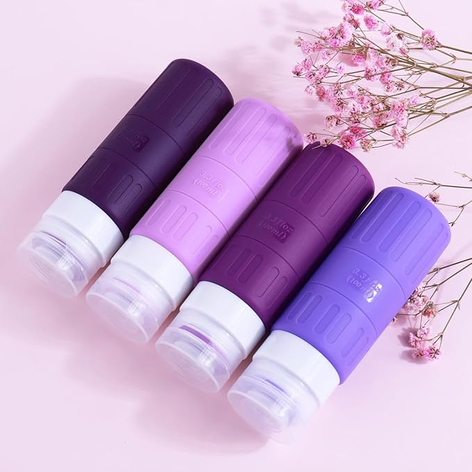 GLAMFIELDS Travel Bottles for Toiletries,TSA Approved 3.3oz Size LeakProof Silicone Toiletry Containers for Shampoo, Conditioner,Easy to Squeeze，Portable Travel Essentials for Lotion(18 Pack) Purple