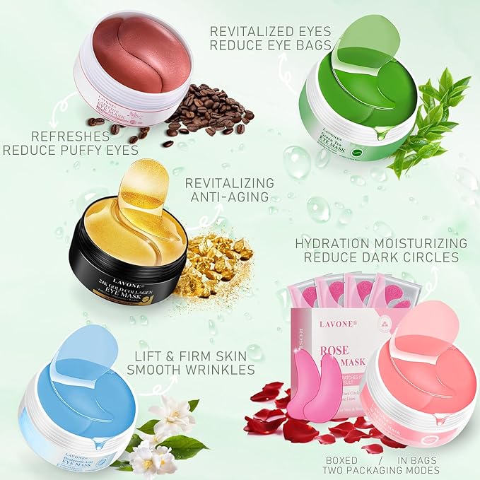 Eye Mask - 30 Pairs Green Tea Eye Patches Skin Care Products for Dark Circles and Puffiness, Reduce Wrinkles and Fine Lines, Eye Patches for Women and Man,with Hair Clips