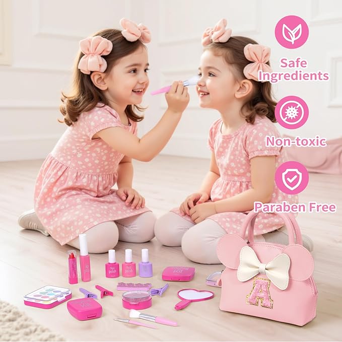 Kids Real Makeup Kit for Girls - 21Pcs Non-Toxic Make Up Toys with Initial Toddler Purse - Personalized Birthday Gifts for Age 5 6 7 8 9 10 Years Old Girls Vanity Set - K