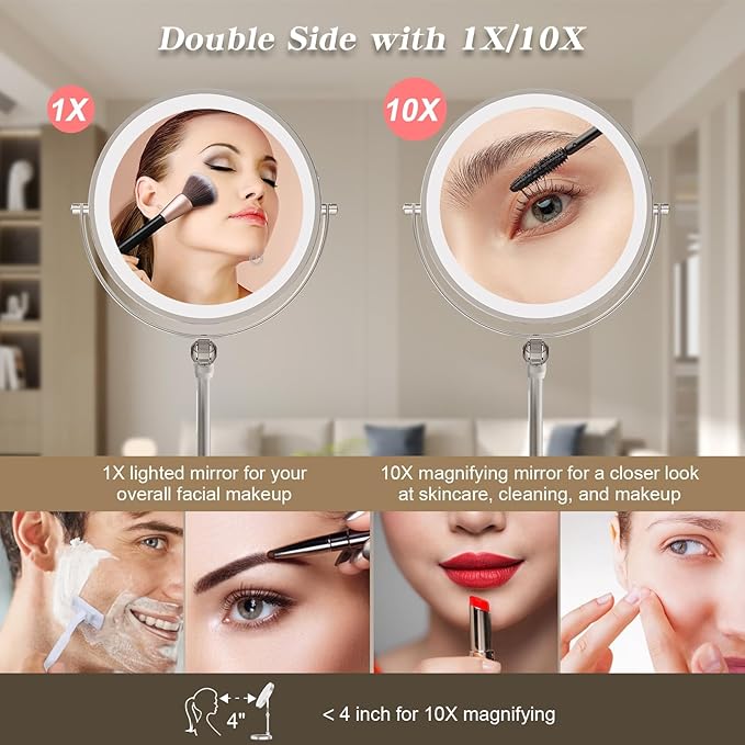 9" Large Lighted Makeup Mirror with 1X/10X Magnification, 4000mAh Rechargeable Vanity Mirror with Height Adjustable & 3 Color Dimmable Lights, 360°Swivel Double Sided Tabletop Cosmetic Mirror