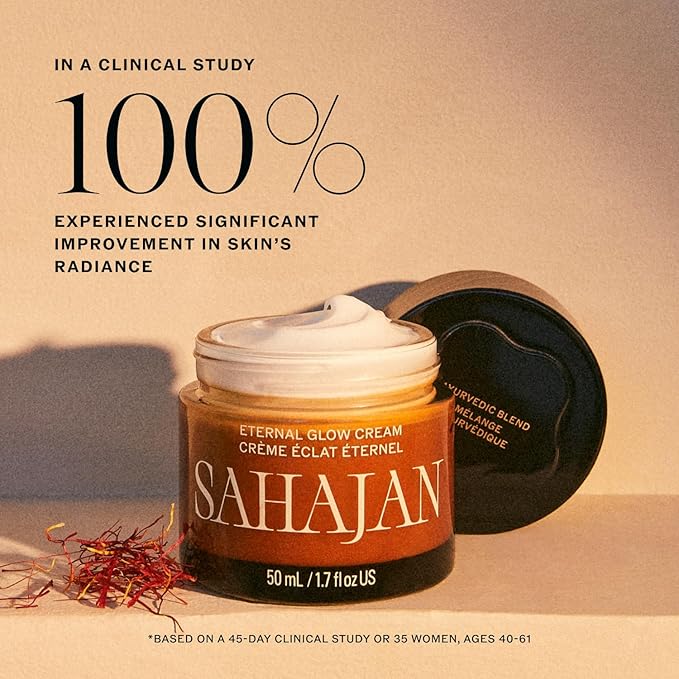 Sahajan Eternal Glow Cream with Vitamin C, Bakuchiol, Ceramides + Saffron | Clinically-Proven Clean Ayurvedic Lightweight Moisturizer | Moisture Barrier, Fine Lines & Wrinkles | 1.7 oz