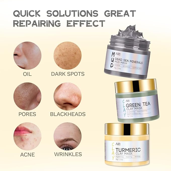 ANAI RUI Turmeric Clay Mask - Green Tea Clay Mask - Dead Sea Minerals Mud Mask, Spa Facial Mask Set, Face Mask Gift Set 2.5 oz each