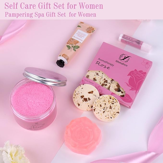 Spa Gifts for Women, Bath Gift Baskets, Birthday Relaxing Spa Self Care Gifts for Women, Home Rose Bath Shower Care Package, Thank You Gift for Woman Mom Her Sister Wife Aunts Friends Coworker