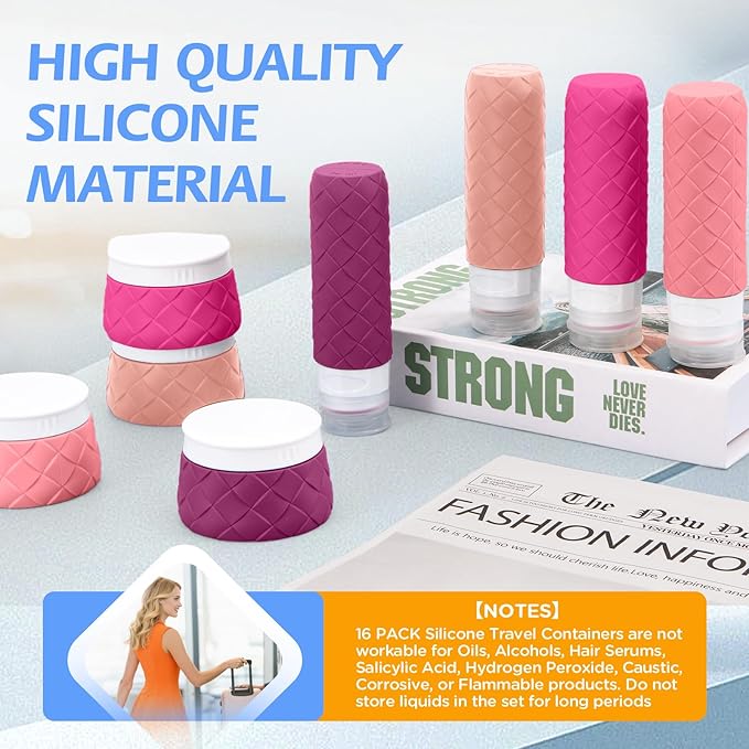 16 Pack Travel Bottles for Toiletries, TSA Approved Travel Size Toiletries Containers Set BPA-Free Silicone Leak Proof Refillable Bottles Stackable Creams Jars Accessories Kit W/Clear Bag Purplish Red