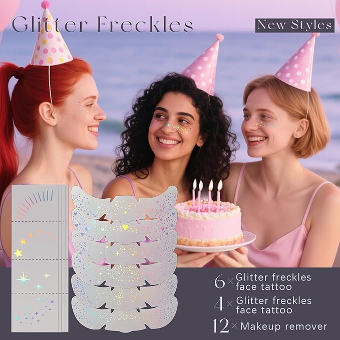 10pcs Holographic Multichrome Silver Glitter Freckles Face Tattoo Set, Color Shift Waterproof Sparkle Face Speckles Patches for Women, Cute Temporary Tattoo Rave Accessories for Fairy Makeup