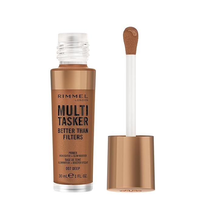 Rimmel Multi-Tasker Better Than Filters, 007 Deep, Face Primer, Glow Booster and Highlighter, Vegan Formula, Anti-Ageing Benefits, Light-Reflecting Pigments, Giant Soft-Touch Wand, 1oz