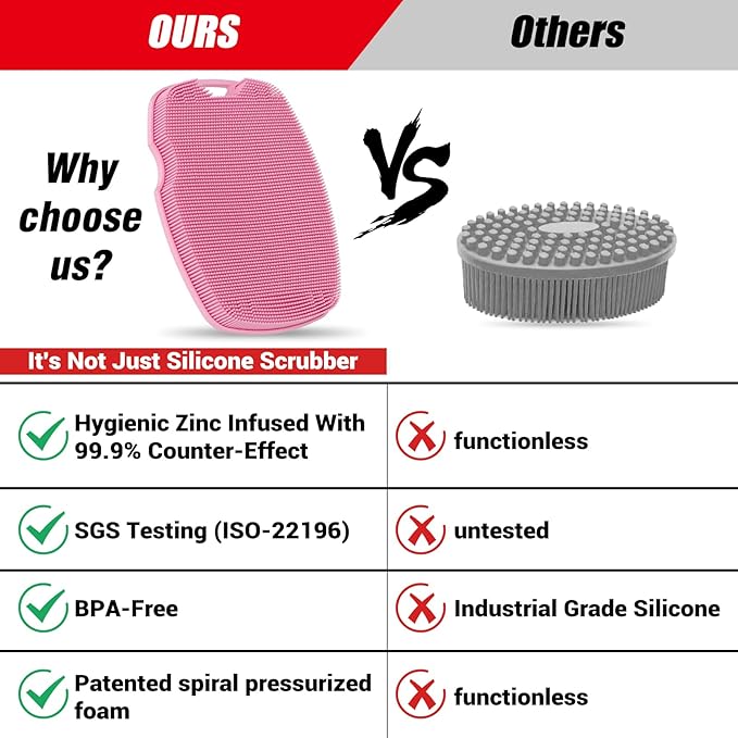 Silicone Body Scrubber - Anti Zinc Infused-Highly Elastic Bristles Exfoliating Body Scrubber for Shower Body,Cellulite Reduction,Blood Circulation - Pink