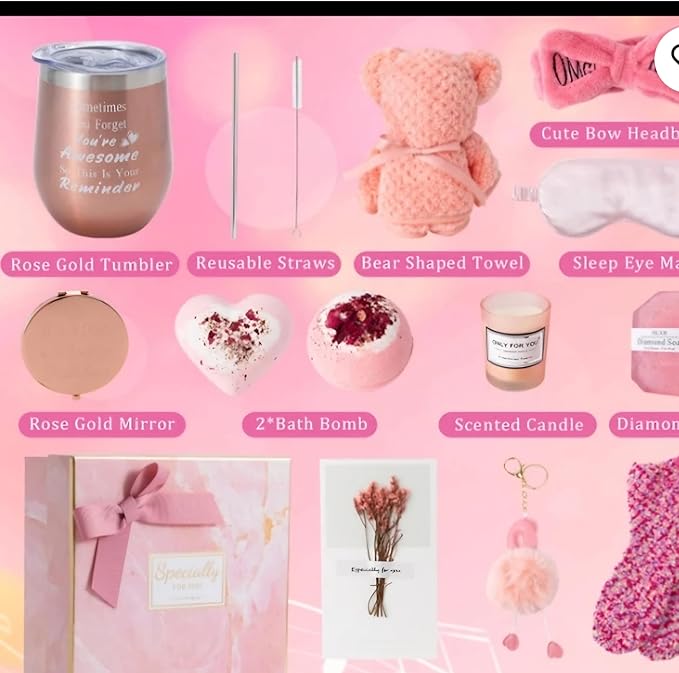Pink Gift Set for Women with Tumbler, towel,sleep eye mask, cute bow headband,scented candle, rose gold mirror, Bath Accessories and Decorative Box