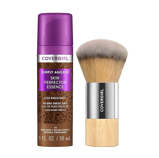 CoverGirl Simply Ageless 75 Rich-Deep Liquid Foundation Bundle with Blending Brush, Lightweight Vegan Formula for Dry Skin, 1oz