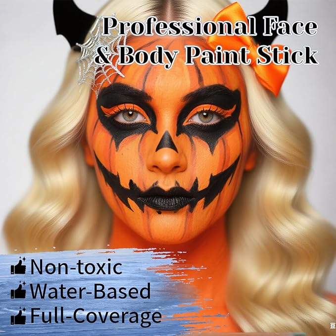 Black Orange Face Body Paint Stick Set with Translucent Setting Powder and Sponges, Professional Full Coverage Face Painting for Adults Halloween Cosplay SFX Tiger Pumpkin Clown Makeup