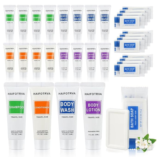 10 Pcs 5-IN-1 Hotel Soaps and Toiletries Bulk Set,5-Piece Set Mini Bulk Travel Size Toiletries Set 1 oz each Shampoo,Conditioner, Body Wash and Lotion,0.53 oz Soap Hotel Supplies for Guests,Homeless