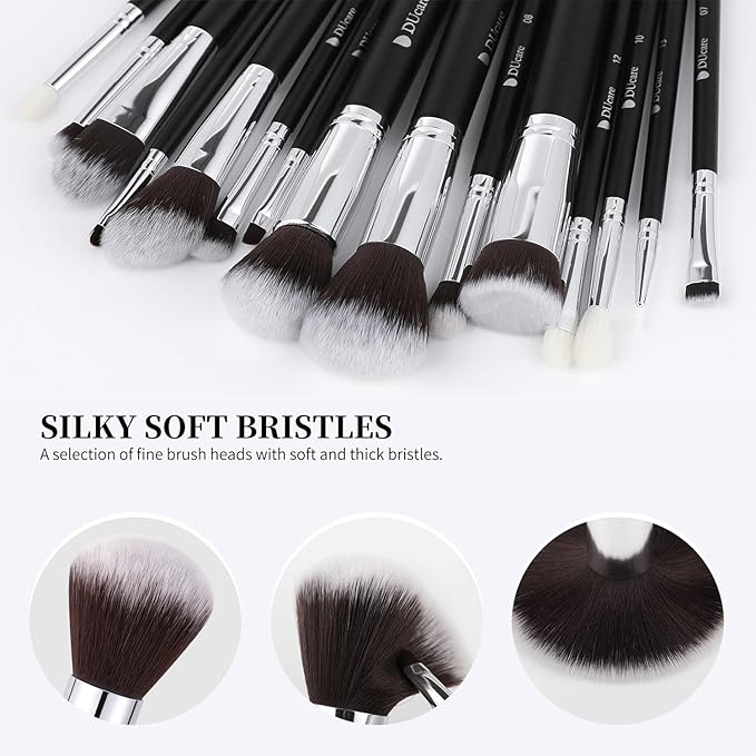 DUcare Makeup Brushes with Bag,15Pcs Makeup Brush Set Christmas Gift Travel Kabuki Foundation Blending Blush Eyeliner Shadow Brow Concealer Brushes Kit Black