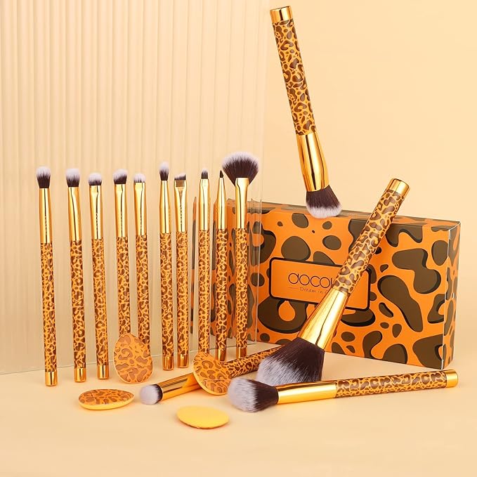 Docolor Makeup Brushes Leopard 14pcs Premium Synthetic Foundation Powder Concealers Eye shadows Blush Makeup Brush Set with 4pcs Makeup Puffs