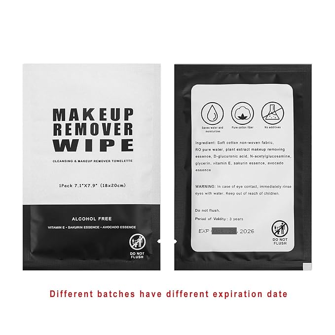 100 Makeup Remover Wipes Bulk Individually Wrapped Makeup Wipes Single Makeup Remover Cloth Facial Cleansing Pads for Mascara Lipstick Oil Dirt Face Skin Travel Hotel (Black)