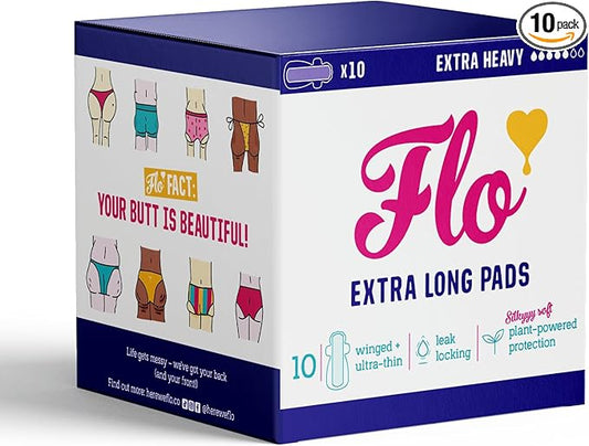 Flo Bamboo Extra Long Period Pads with Wings (10 Pads) - Ultra Absorbent, High Protection