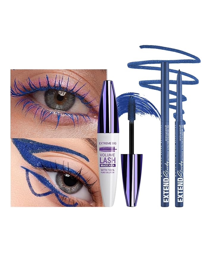 Blue Mascara and Eyeliner Set, 5D Waterproof Mascara Volume and Length Natural Lengthening Curling, Smudge Proof Blue Eyeliner Pencil, Natural Eye Makeup Gift Kit for Women in Halloween Set-02
