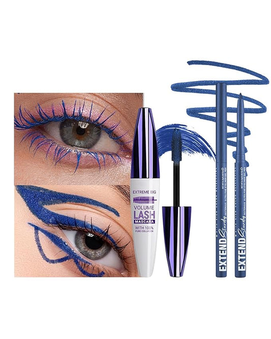 Blue Mascara and Eyeliner Set, 5D Waterproof Mascara Volume and Length Natural Lengthening Curling, Smudge Proof Blue Eyeliner Pencil, Natural Eye Makeup Gift Kit for Women in Halloween Set-02