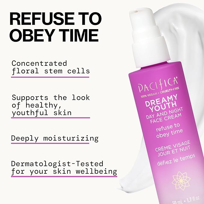 Pacifica Face Moisturizer Lotion - Dreamy Youth Day & Night Face Cream, Daily Skincare, Grapeseed Oil, Peptides, Hydrating, Facial Lotion, Skincare, For Dry Skin, Vegan, 1.7 fl oz (1 Count)