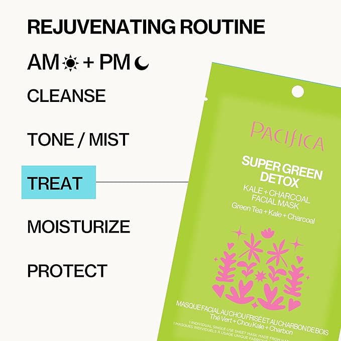 Pacifica Super Green Detox Sheet Mask – 12-PACK Charcoal, Kale & Clay Pore Cleansing Mask for Oily, Blemish-Prone Skin, Deep Detox Facial Mask, Vegan