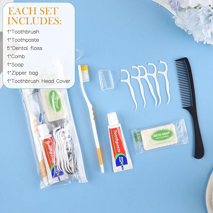 Personal Care Travel Toiletries Sets Bulk - Pack of 5,Disposable Toothbrushes with Toothpaste and Floss,Comb,Soap,Cover,Zip Bag 7-in-1 Travel Size Toiletry Kit for Hotel,Guest,Homeless,Charity,Church