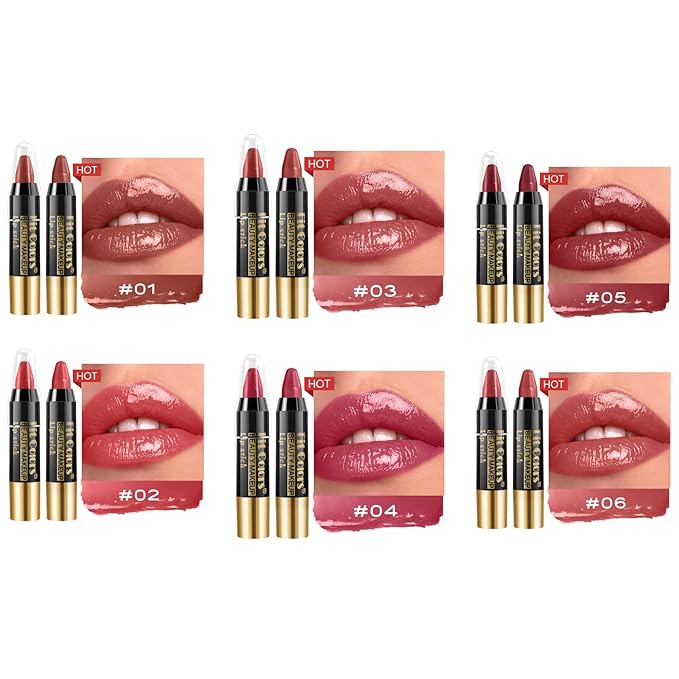 6Pcs Moisturizing Gloosy Nude Lipstick Set, Nude Pink Rose Mauve Red Brown 6 Rich Shades Waterproof Long Lasting Non-Stick Cup 24 Hour Lip Crayon Pencil Makeup Lip Liner Pen Set Christmas Gifts