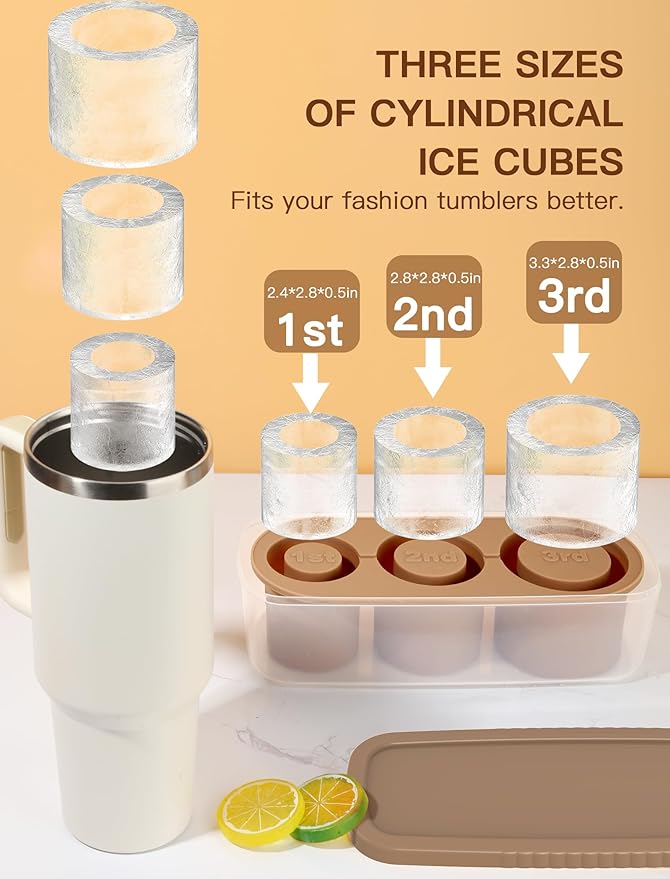 Ice Cube Tray for Tumbler Cup 30Oz-40Oz, 3 Pcs Silicone Cylinder Ice Mold with Lid and Bin for Freezer, Easy Fill and Release Ice Maker for Whiskey, Cocktail BPA-Free
