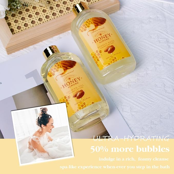 Gift Baskets , Spa Gifts for Women, 8pcs Honey Almond Bath Gift Set for Women, Relaxation Self Care Spa Kit W/Bath Bomb, Bubble Bath, Mom Birthday Gifts, Christmas Gifts Thank You Gifts