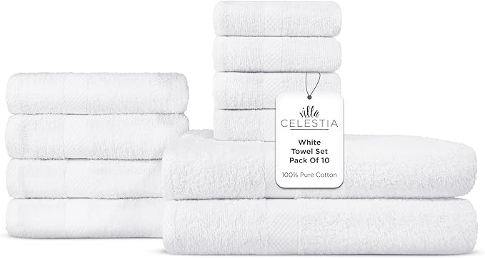 100% Combed Cotton Bathroom Towel Set of 10-2 Bath Towels, 4 Hand Towels, 4 Wash Cloths, Sustainable, Soft, Highly Absorbent 10 Piece Cotton Bath Towel Set Ideal for Hotels, Spa, Bathroom, Dorm, White