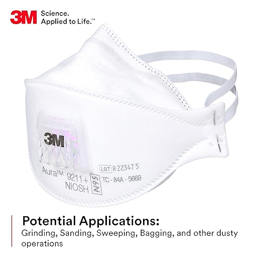 3M Aura Particulate Respirator 9211+, N95, Pack of 10 Disposable Respirators, Individually Wrapped, Cool Flow Valve, Flat Fold Design Allows for Facial Movement, NIOSH Approved, Comfort Plus, Dust
