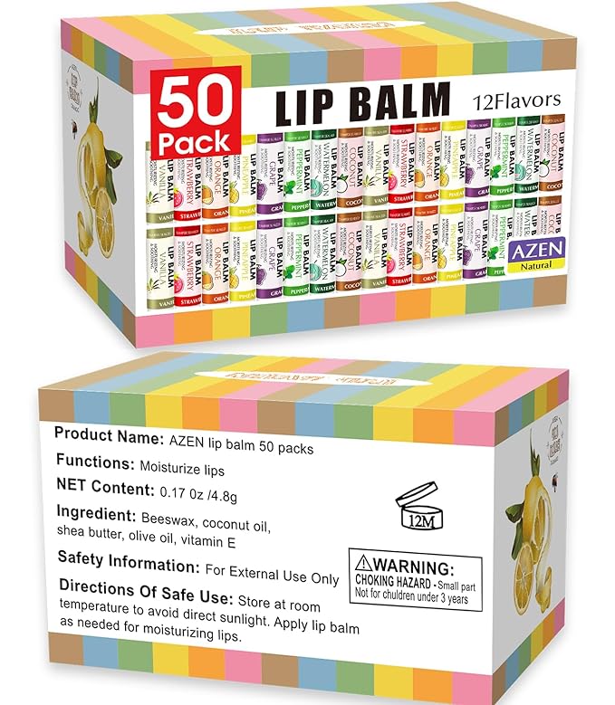 AZEN 50 Pack Lip Balm, Natural Lip Balm Bulk, Lip Care Product, Moisturizing Lip Balms for dry cracked lips - 12 Flavors