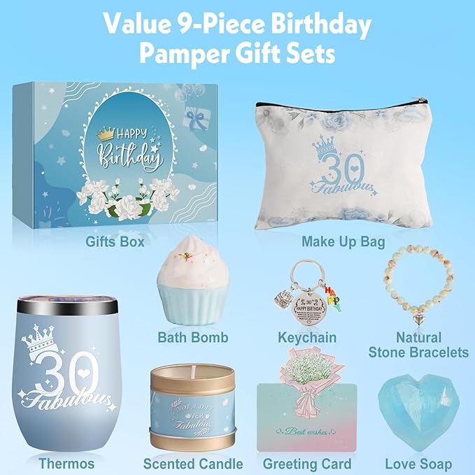 30th Birthday Gifts for Women, 30th Birthday Gifts Ideas Baskets, 9 Pieces Relaxation Gifts for Women Mom, Wife, Girlfriend, Sister, Friends, Her