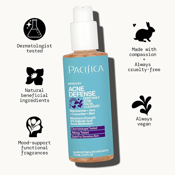 Pacifica Acne Defense Face Wash - Deep Pore Purifying Face Cleanser - w/ 2% Salicylic Acid, Pore Reducing Niacinamide & Inflammation Reducing Cucumber - for Sensitive Skin Vegan Dermatologist Tested