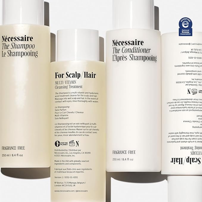 Nécessaire The Hair Duo - Shampoo and Conditioner Set 2 x Full-Size. The Shampoo + The Conditioner. Hyaluronic Acid + Vitamin B Complex. Fragrance-Free. Approved by the National Eczema Association.