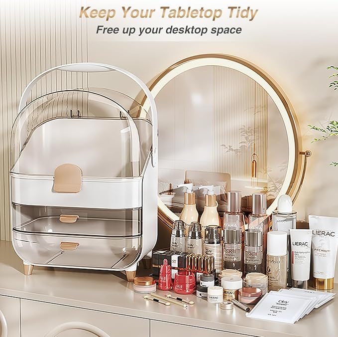 Cosmetics Organizer Set - Makeup Box with with Brush Holder, Skin Care Storage Organizer with Transparent Drawers and Cover, Portable Handle, Dust Proof Makeup Organizer for Vanity, White & Gold
