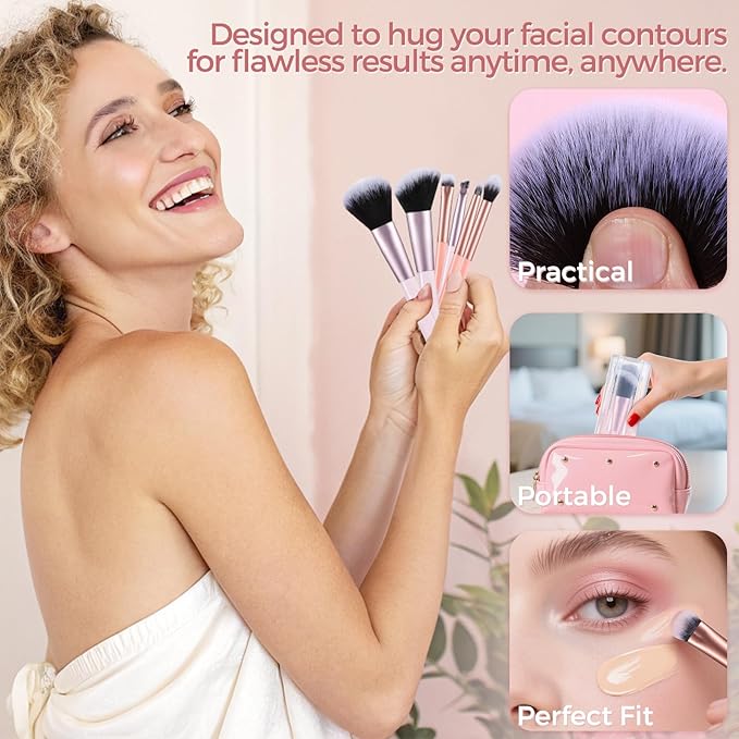 Travel Makeup Brush Set Mini Makeup Brushes For Foundation Concealer Eyeshadow Blush Blending & Buffing Liquid Cream Powder 6PCS Travel Size Complete Function Cosmetic Brushes Kit with Case