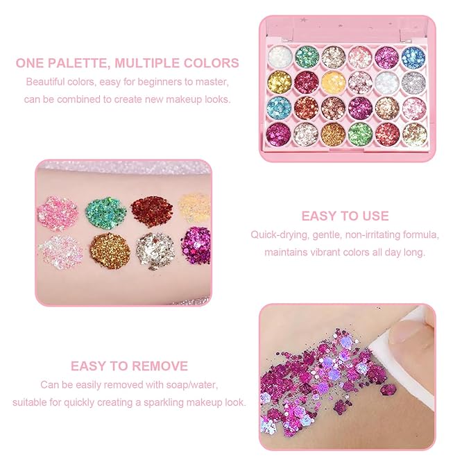 Glitter Eyeshadow Palette, 24 Colors Highly Pressed Pigmented Metallic Shimmer Sparkly Glitter Eyeshadow Makeup Pallet Palettes,Pink Blue Green Red Gold Purple Long Lasting Waterproof (24pcsC)