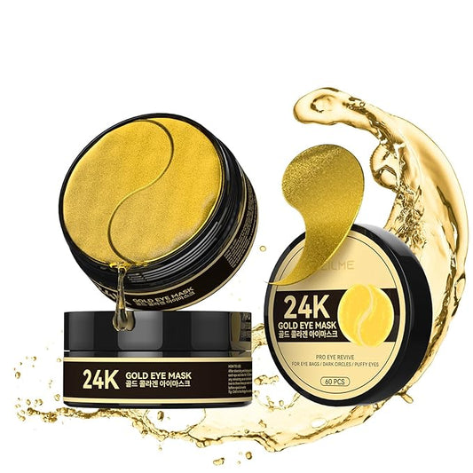 24k Gold Under Eye Patches - Firming, Glowing & Hydrating Hydrogel Mask for Puffy Eyes, Dark Circles, Wrinkles, Eye Bags Treatment, Gifts for Women and Men, 60Pcs Black