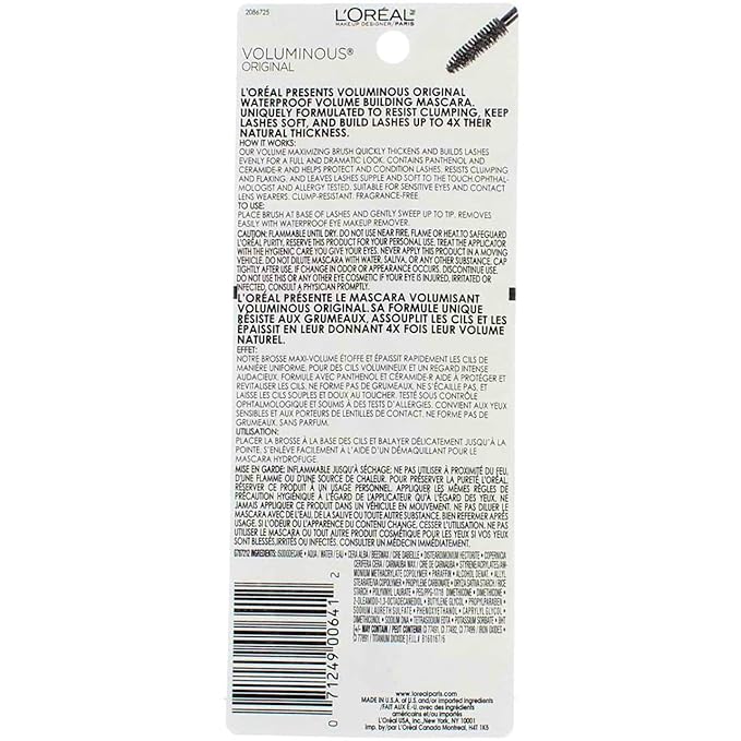 L’Oreal ParisVoluminous Waterproof Volume Building Mascara, Black [360], 0.28 oz (Pack of 3)