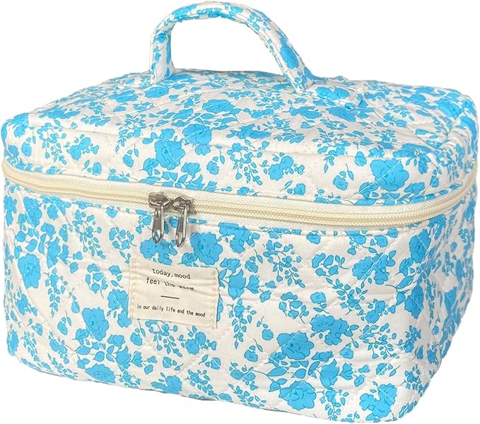 Lake Blue Large Quilted Floral Makeup Bag Cute Soft Coquette Aesthetic Cosmetic Bag Cotton Travel Toiletry Bag for Women