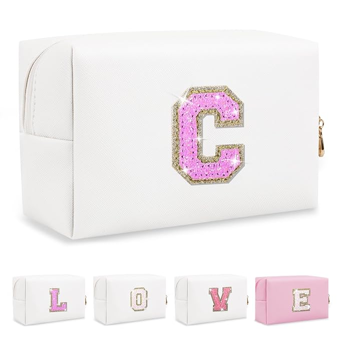 Small Initial Patch Makeup Bag Personalized Gifts Make Up Bag,White Cute PU Leather Glitter Letter Cosmetic Bag with Zipper,Trendy Portable Travel Toiletry Pouch,Preppy Stuff for Teen Girls Women C