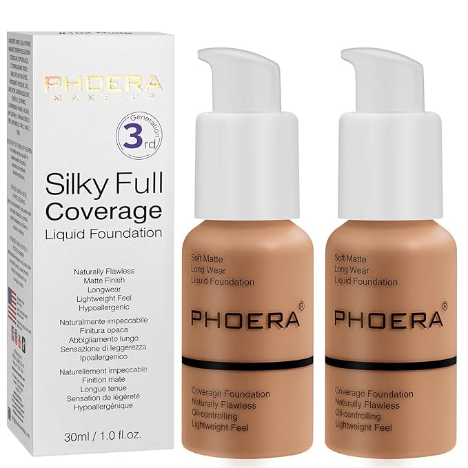 PHOERA Foundation, PHOERA Matte Liquid Foundation,PHOERA Makeup for Women, PHOERA Foundation Full Coverage Concealer, 30ml 24HR Matte Oil Control Concealer (107- Hone*2)