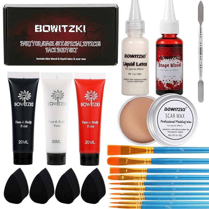 Bowitzki Halloween Makeup Set Special Effects Kit Cream Face Paint Water Based Liquid Latex Fake Blood Brush Sponges Body Painting SFX Zombie Vampire Monster Christmas Party (With Scar Wax)