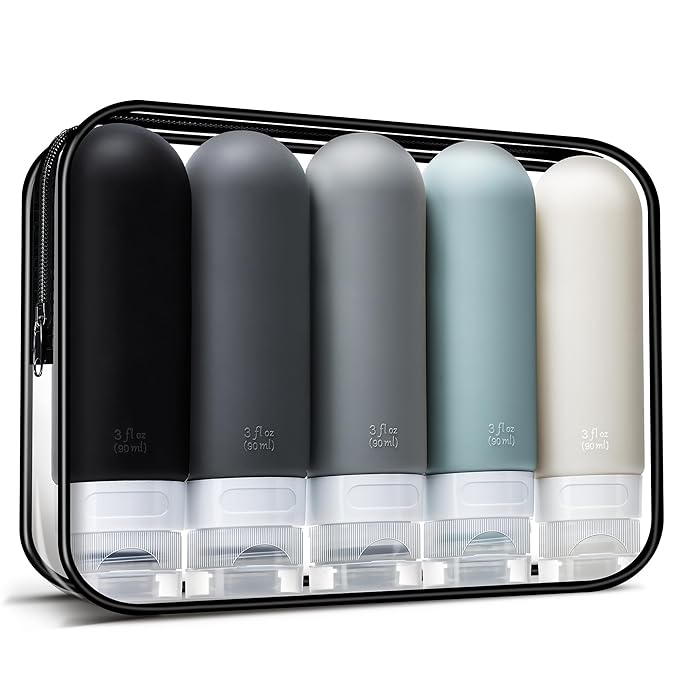 3oz Travel Bottles for Toiletries,Silicone Leak Proof Squeezable Travel Containers,TSA Approved Travel Essentials Bag for Shampoo Conditioner,5 Pack,Dark Pack