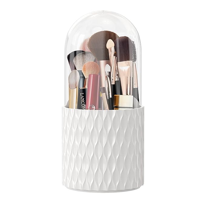 [Upgrade] Rotating Makeup Brush Holder, [Dustproof & Waterproof] 360 Rotating Cosmetics Make up Brush Organizer Storage with Lid for Vanity