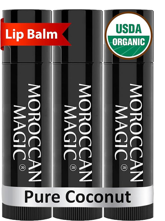 Moroccan Magic Organic Pure Coconut Lip Balm 3 Pack | Ultra-Hydrating Argan & Essential Oil Lip Moisturizer + Vitamin E | Natural Chapstick for Dry Lips | Smooth, Non-Toxic | Organic Lip Balm