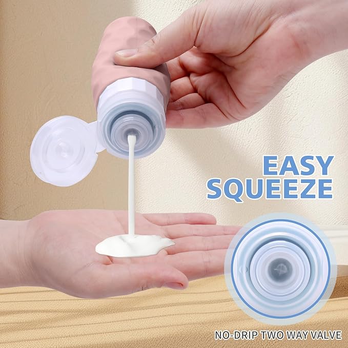 Travel Bottles for Toiletries, 4pcs Tsa Approved 3oz Travel Size Containers, BPA Free Leak Proof Premium Silicone Bottles, Refillable Liquid Squeezable Accessories W/Toiletry Bag（Apricot）