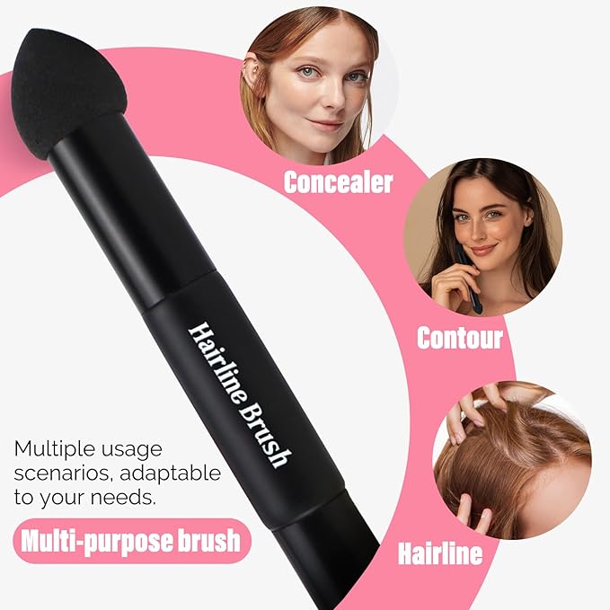 VOLLUCK Dual-Ended Hairline Powder Brush, 2-in-1 Travel Makeup Brush Set with Sponge & Root Angled Concealer/Contour Tip for Seamless Blending Root Touch Up, Soft, Easy to Color