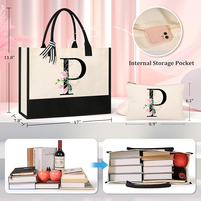 AYGE Personalized Initial Canvas Beach Tote, Monogrammed Gifts for Women, Makeup Bag, Birthday Gifts for Sister, Mom, Teacher, Bridesmaid
